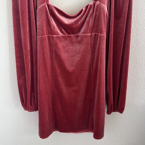 Forever 21 Long Sleeve Babydoll Pink Velour Mini Dress Squared Neckline M - Picture 5 of 6